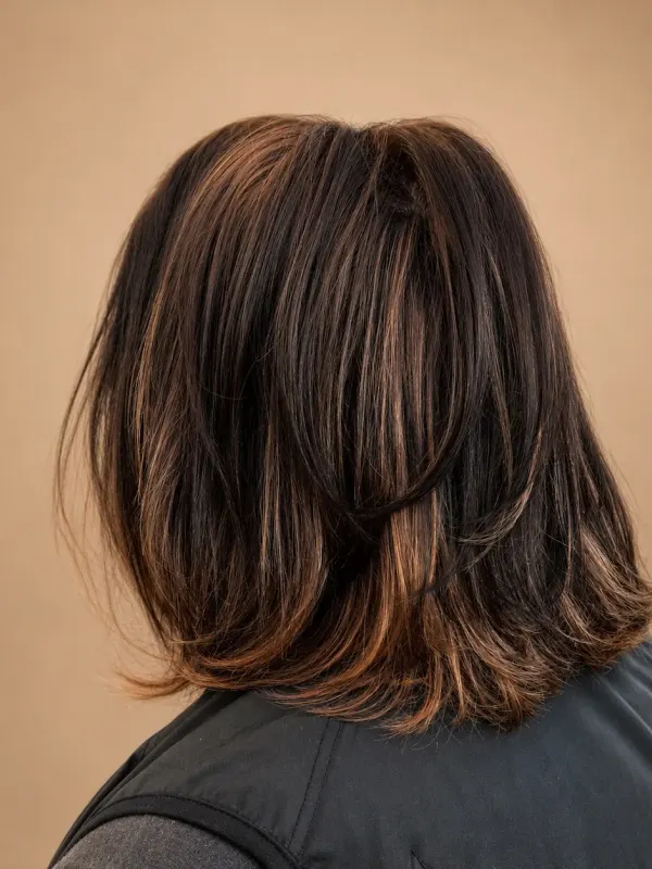 Copper bob cut to fall forward, layers kept soft at the ends