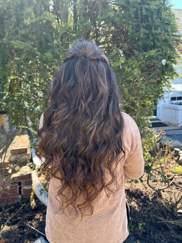 Length built with extensions and worn half up, seen from the back